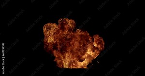 Big fire explosion on dark background, VFX effect overlay good for alpha blending, ​​big explosion effect video. Inflamed debris falling to ignition place. Slow motion, 4k.