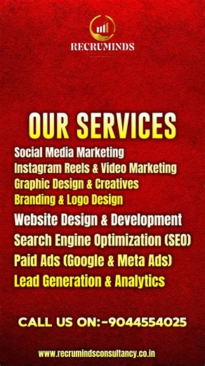 Recruminds Consultancy & Advertisement on Instagram: "Your brand deserves visibility, leads and growth 🚀 Recruminds helps businesses build a strong digital presence that converts clicks into customers. From strategy to success — we grow your brand online. #recruminds #digitalmarketing #socialmediamarketing #branding #onlinegrowth #leadgeneration #contentmarketing #performanceads #seo #businessgrowth #marketingagency #startupindia #smallbusinessindia #entrepreneurlife #brandbuilding #onlinemarke