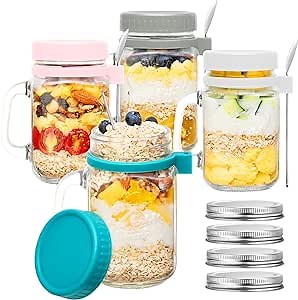Overnight Oats Containers with Lids and Spoons 16 oz, 4 Pack Glass Mason Jars with Handle and Extra Lids,Leak Proof Oatmeal Container for Cereal Yogurt, Milk, Salads, Fruit
