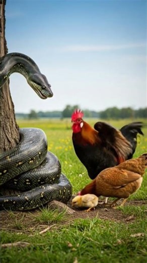 Rooster Protects Mother Hen and Baby Chicks From Large Eating Python Snake 🐓 🐔 🐓 #animals