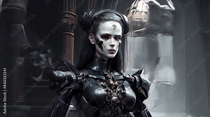 A woman in a gothic style with metallic elements in her outfit and headdress, creating a dark and mysterious feeling. Concept: fantasy and science fiction, gothic fashion