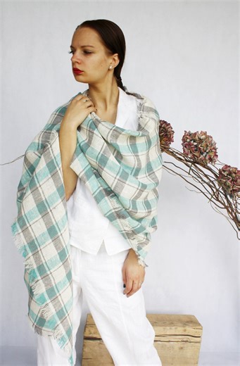 Oversized Linen Scarf Plaid Shoulder Wrap Shawl Turquoise Tartan Natural Long Scarf - Etsy