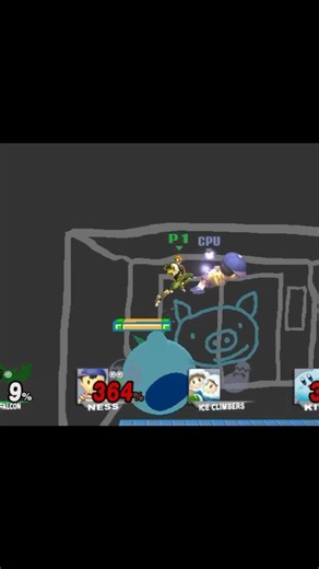 Super Smash Bros Brawl As Captain Falcon Kicks Kirby and kneel giant ness of the stage like an boss