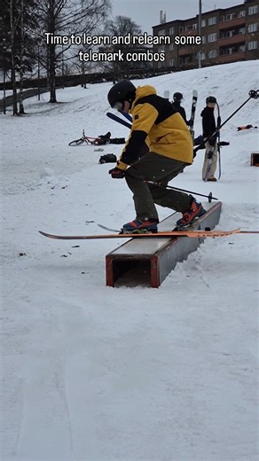 John Olav on Instagram: "Some old and some new telemark combinations at @flekken_jibpark #skiing #spreadtelemark #freeskiing #railskiing #telemarkskiing"