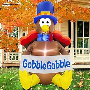 TURNMEON 4 Ft Thanksgiving Inflatables Turkey Outdoor Decorations Blow Up Turkey Holds GobbleGobble Banner Built-in LEDs Fall Thanksgiving Decorations for Home Outside Yard Lawn Garden Holiday Party