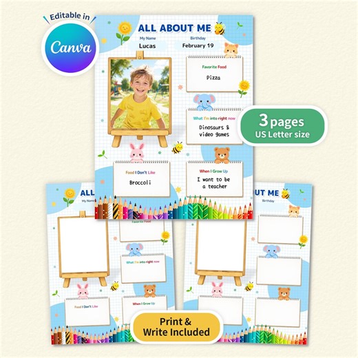 Editable & Printable All About Me Worksheet for Kids | Animal Drawing Light Blue | Canva Template | US Letter | Preschool Kindergarten - Etsy