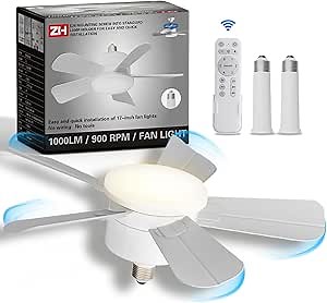 17" Socket Fan Light with Remote and 2 Socket Extenders, Wireless Screw in Ceiling Fans with Dimmable Lights, Up to 1200LM/6500K Light Bulb Fan for Garage Tool Room (White)
