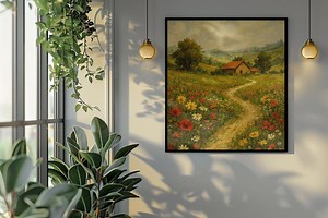 Vintage Rustic Oil Painting: Countryside Wildflower Landscape Wall Art - Etsy
