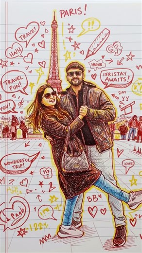 Teena & Anshuman | Couple travel on Instagram: "Here is how we did it : Prompt: Produce a highly detailed portrait that looks hand-drawn on lined notebook paper using bright red and yellow sketch pens. Preserve the exact facial details and expressions. Surround the portrait with doodle elements—notes, arrows, hearts, comic scribbles. Highlight bold outlines, cross-hatching, textured pen strokes, and colourful layering, all rendered in crisp 4K resolution and colourful. . . . . . . Follow for mor