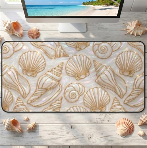 Faux Stained Glass Seashell Desk Mat, White Gold Coastal Mouse Pad, Mermaidcore Office Decor, Pearl Ocean Beach Workspace Accessory - Etsy