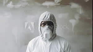 Proudly wearing his white overalls and a white dust mask a plasterer stares directly at the camera. He casts a professional image the plaster on the wall behind him a testament of his skill.
