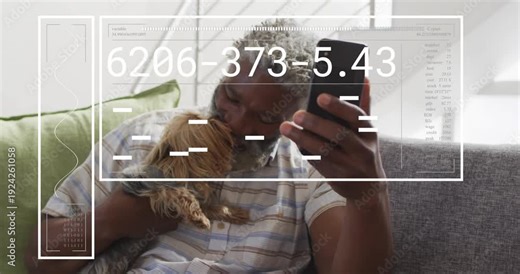 Man cuddling dog on sofa, raising phone and activating HUD with changing numbers for mobile content