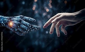 Touching of robot and human finger. Machine learning concept. Neural networks connection