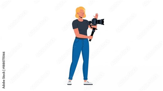 27. Full-body 2D animated videographer holding camera rig steady, subtle posture shift, white backgr