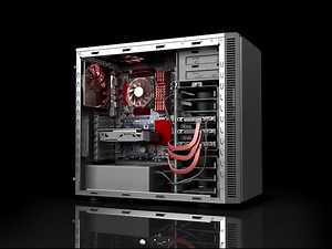 Premium Photo | Open PC case with internal parts motherboard cooler video card power supply HDD drives 3d render on black