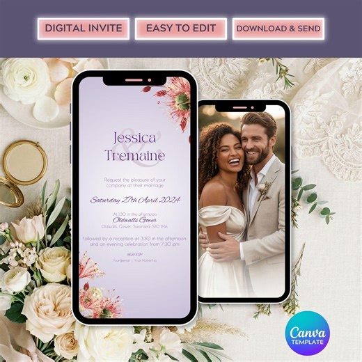 Modern Purple Wedding Invitation Template | Mobile Digital Invite (canva) - Etsy