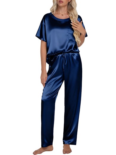 DAKIMOE Womens Silk Satin Pajama Set Short Sleeve Shirt with Long Pajamas Pant Set Two-piece Pj Sets Soft Sleepwear Loungewear Nightwear Pjs S-2XL, Navy Blue, M