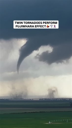 Fujiwhara Effect displayed by two vorticies during the formation phase of the Sikeston, Missouri EF3 on May 16, 2025. The Fujiwhara effect, sometimes referred to as the Fujiwhara interaction or binary interaction is a phenomenon that occurs when two nearby cyclonic vortices move around each other and close the distance between the circulations of their corresponding low-pressure areas. The effect is named after Sakuhei Fujiwhara, the Japanese meteorologist who initially described the effect. Bin