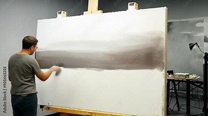 Timelapse of the process of a professional artist painting a picture in his studio. artistic, draw, expression, fantasy, gallery, hobby, brush, imagination, large, painting, paintbrush, talent
