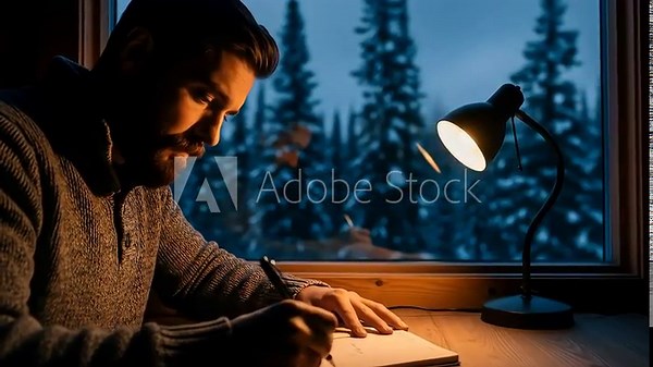 Man writing in journal late at night, capturing thoughts and inspiration under lamplight video