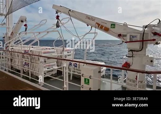 Bari, Italy - March 01th 2026- View of a ship deck featuring lifeboats clearly positioned along the structure Stock Video Footage - Alamy
