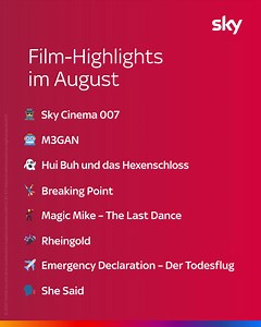 20 reactions · 13 comments | Der August ist voller spannender Film-Highlights!  Erlebe Action pur mit James Bond auf unserem Pop-Up-Channel »Sky Cinema 007« , packende Spannung in »M3GAN« und Nervenkitzel mit »Emergency Declaration - Der Todesflug«. | Sky Österreich | Facebook