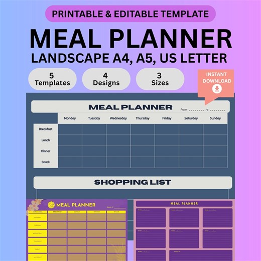 Editable Weekly Meal Planner Printable Grocery List & Kitchen Inventory, Digital Download Templates Food Prep 7 Day Menu Plan A4/a5/letter - Etsy