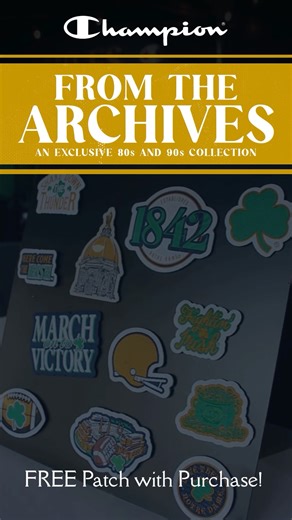 Notre Dame apparel from the 80s and 90s is back with Champions new activation on the Hammes Notre Dame Bookstore Lawn! Shop styles pulled from the Notre Dame Vault, with a free patch with any purchase of the collection! | Hammes Notre Dame Bookstore