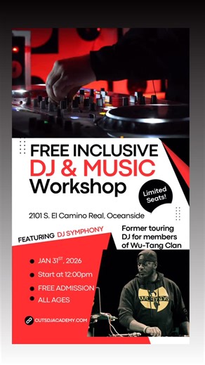 Cuts DJ Academy on Instagram: "🎧 Free DJ & Beat Making Intro Session Serving Oceanside & North San Diego County Hosted by Cuts Music & DJ Academy 📍 2101 S. El Camino Real, Oceanside, CA 🗓️ Saturday, January 31st, 2026 Kids & Teens (Ages 10–17): 12:00 PM – 1:00 PM Adults (18+): 3:00 PM – 4:00 PM 🎶 A Serious Introduction to DJ & Music Training This free session is designed for individuals and families who are genuinely interested in DJing, beat making, and structured music education. Led by DJ