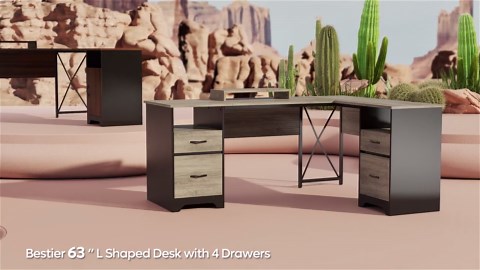 Bestier L Shaped Desk with 4 Drawers, 63" x 47" Executive Office Desk with Monitor Stand, Cherry