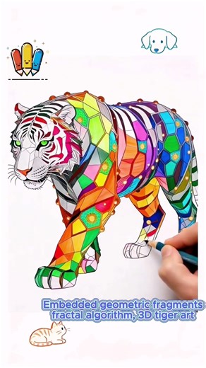 Embedded geometric fragments, fractal algorithm, 3D tiger art #coloringfun #colorize #easycoloring