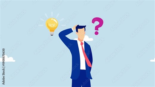 Animation of a thinking businessman scratching his head with question marks and a light bulb above. Represents confusion, brainstorming, and idea generation.