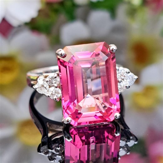 Pink Topaz 14k Solid Gold Ring, Natural Topaz & Diamonds, 14x10 Emerald Cut - Etsy