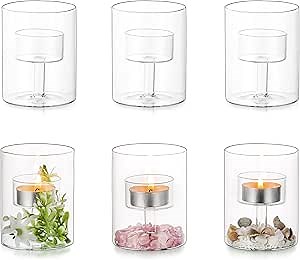 Glasseam Glass Tealight Candle Holder: Small Hurricane Cylinder Votive Holder Set of 6 Modern Table Centerpiece Wedding Christmas Party Decorations, 3.15