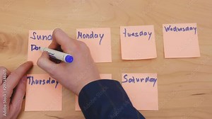 Male hands add sticky note with plans for Monday to other notes