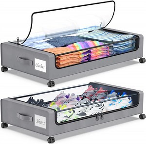 Under Bed Storage with Wheels, 2Pack Under Bed Storage Containers, Under Bed Shoe Storage Organizer, Rolling Under Bed Metal Drawer for Clothes, Blankets,Gary，31 x 17 x 7.2 inches