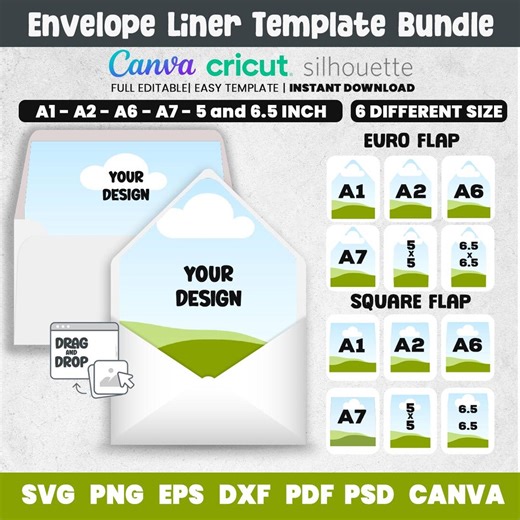 6 Size Envelope Liner Template, Euro - Square Flap Envelope Liner Canva, A1, A2, A6, A7 Envelope Liner, Cricut, Silhouette, Digital Files - Etsy