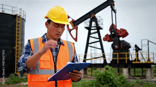 Professional oil field engineer conducting a detailed inspection and analysis of operations, ensuring efficient energy production and maintaining safety standards in the petroleum industry.