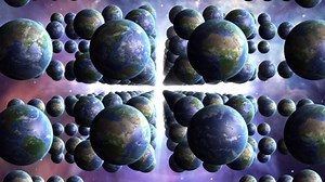 Multiverse concept animation Flying by alternate Earths and timelines