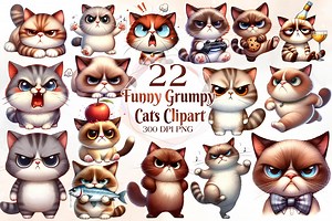 Funny Grumpy Cat Clipart 22 Png, Cute Caricature Cat, Angry Kitty Watercolor, Silly Animal Illustration, Digital Prints, Pet Junk Journal - Etsy