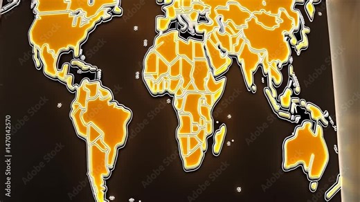 Animated world map design with golden continents and black background visual