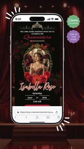 Red Black Quinceañera Invitation Canva, Sweet 15 & 16 Animated, Digital, Music RSVP Countdown,Luxury