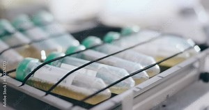 Closeup, science laboratory and shaker for test tubes, vibration plate and chemical liquid. Medical bottles, mechanical machine and mixer for pharmaceutical analysis, process and vaccine production