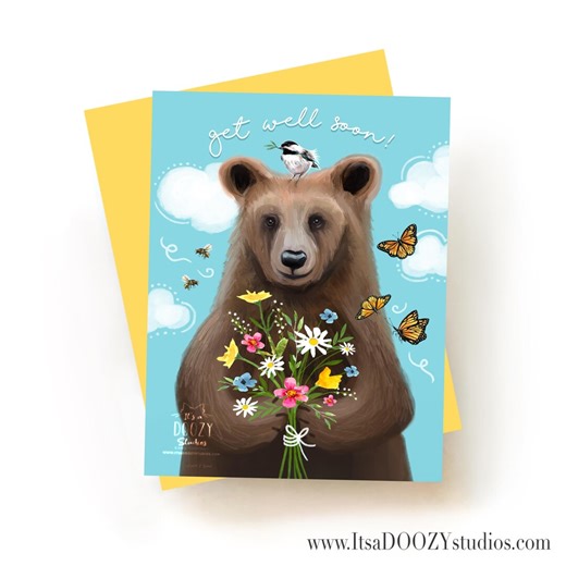 Get Well Sick Card With Bear, Flowers and Bees Greeting - Etsy
