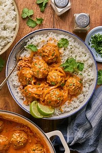 These rich and saucy Thai red curry chicken meatballs are ready in under 35 minutes and great for freezing. The meatballs are flavor packed and you will want to drink the red thai sauce with a spoon. Recipe in comments #glutenfree #easyrecipe #dinnerideas | Every Last Bite - Carmen Sturdy