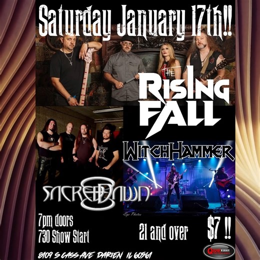 If this isn't a show to kick off 2026, we don't know what it is. Three heavy hitters with WitchHammer and Sacred Dawn and at a fantastic venue. Did we mention it's only a $7 cover charge? Q-Bar in Darien, IL 1/17/26 Show starts at 7:30 | The Rising Fall