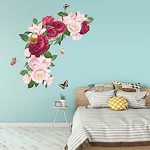 Rose Flowers Wall Stickers - Nature Plants Floral Blossom Wildflower Wall Decals - Women Girls Bedroom Living Room Sofa TV Background Home Wall Stickers
