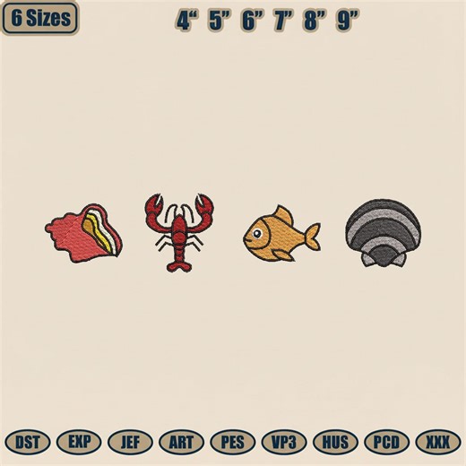 Lobster Fish Shell Embroidery Design, Ocean Machine Embroidery File, Summer Beach PES DST Multiple Sizes - Etsy
