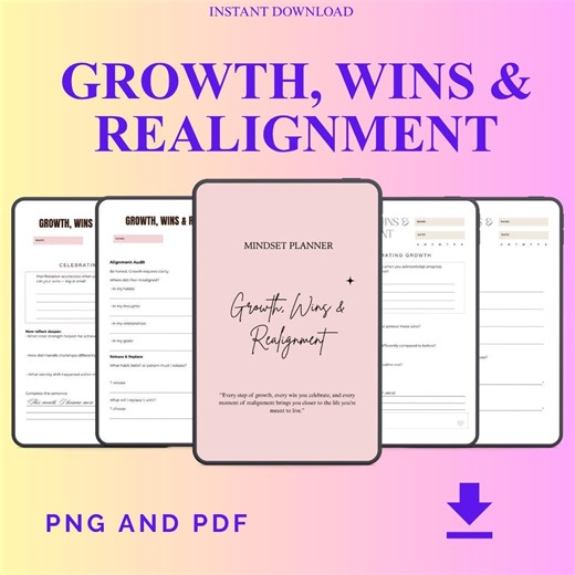 Growth Wins & Realignment Reflection Worksheet | Personal Growth Journal | Self Reflection Planner | PDF PNG Instant Download