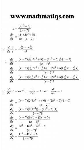 Quotient Rule of Differentiation ||Differentiate y=(2x^3+5)/(x-7) #mathematics #calculus #mathmatiqs